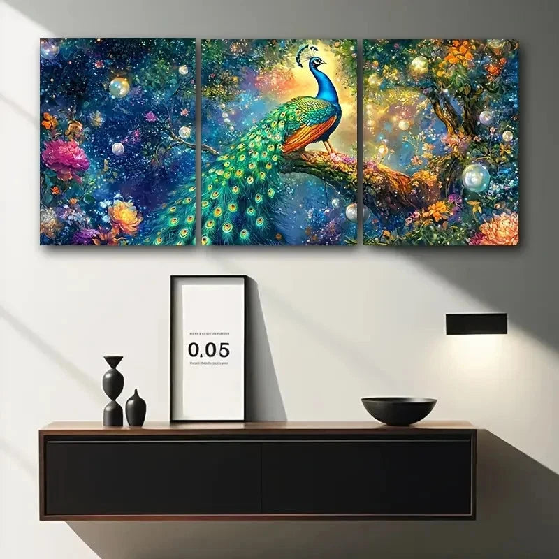 3pcs Peacock On The Tree Bird Themed Metal Print Ready to Hang Art