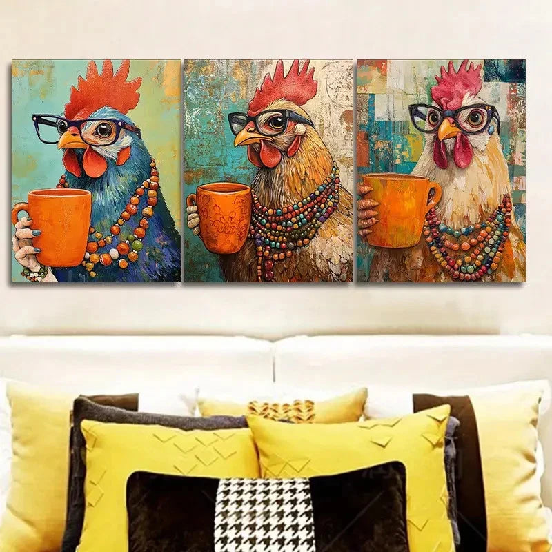 3pcs Featuring Hens Wearing Glasses Metal Print Ready to Hang Art