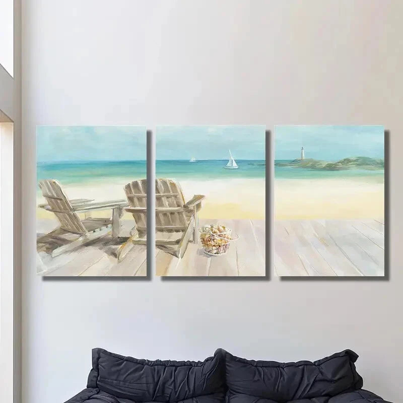 3pcs Beach Chair and Ocean View Metal Print Ready to Hang Art