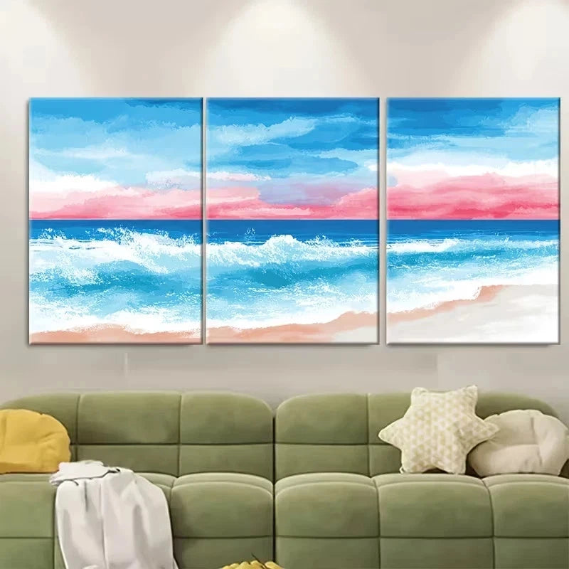 3pcs Watercolor Sea Sunset Wall Art Set Canvas Framed 60x90cm - High Quality Print 100% Australian Made Wall Canvas Ready to Hang