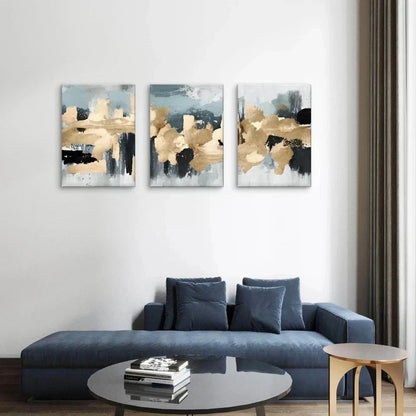 3pcs Modern Abstract Gold and Grey Textured Paint Wall Art Set Canvas Framed 50x70cm - High Quality Print 100% Australian Made Wall Canvas Ready to Hang