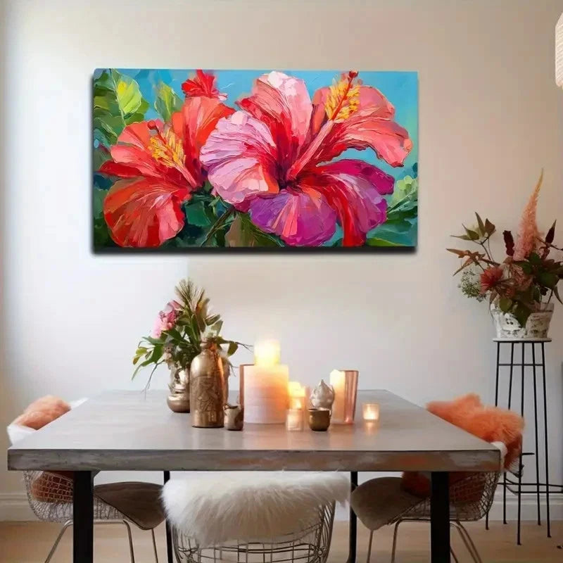 Vibrant Red Hibiscus Flowers Wall Art Canvas Office Home Room Framed 120x60cm