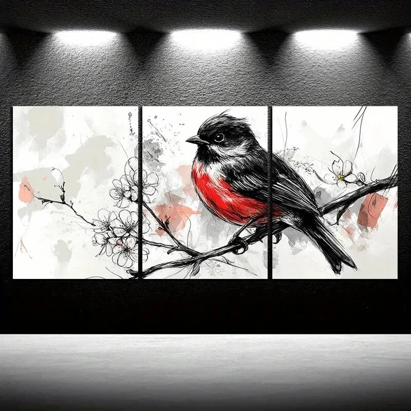 3pcs Birds on Plum Blossom Branches Black & White Metal Print Ready to Hang Art
