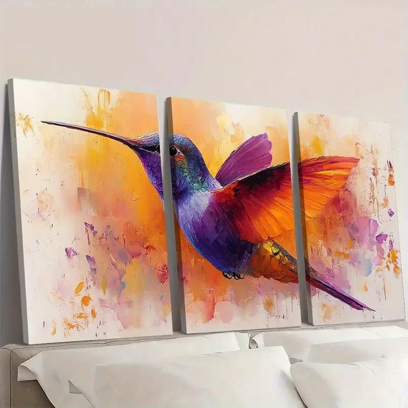 3pcs Purple Hummingbird Bird Themed Wall Art Set Canvas Framed 60x90cm - High Quality Print 100% Australian Made Wall Canvas Ready to Hang