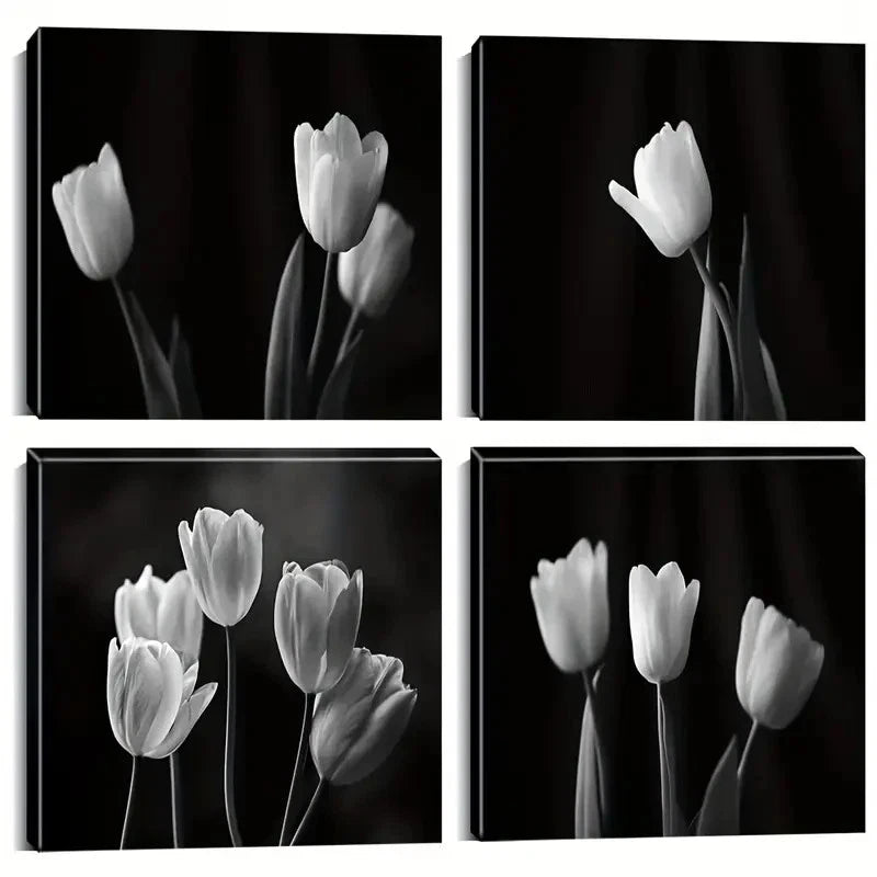 4pcs 4 Piece Black And White Flower Wall Art Canvas Framed