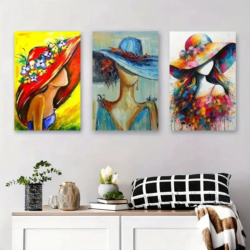 3pcs Vibrant Abstract Women with Wide-Brim Hat Metal Print Ready to Hang Art
