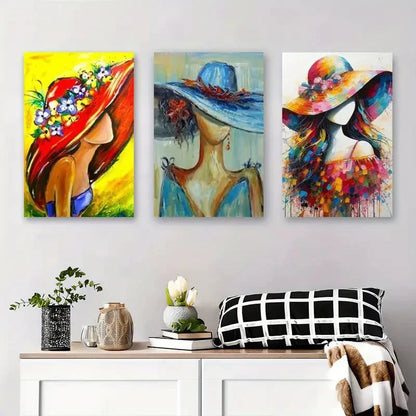 3pcs Vibrant Abstract Women with Wide-Brim Hat Metal Print Ready to Hang Art