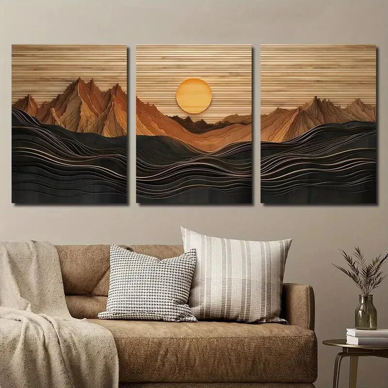 3pcs Abstract Sunset Mountain Landscape Perfect Wall Art Set Canvas Framed 40x60cm - High Quality Print 100% Australian Made Wall Canvas Ready to Hang