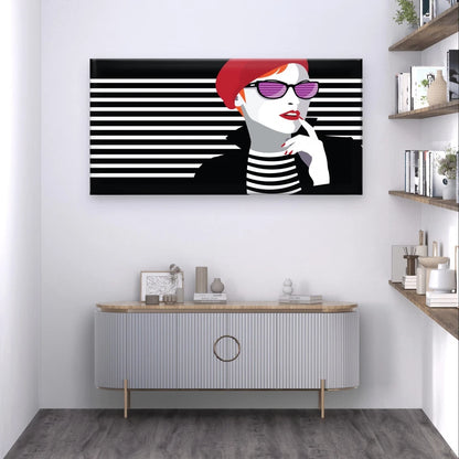 Pop Art Woman with Red Beret Wall Art Canvas Office Home Framed 120x60cm