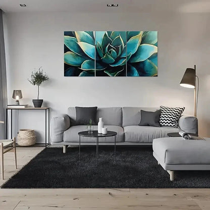 3pcs Abstract Succulent Blue & Green Textured Metal Print Ready to Hang Art