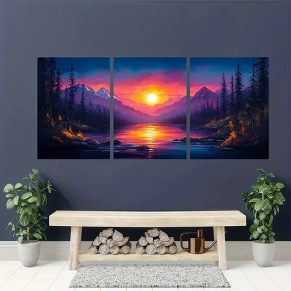 3pcs Mountain Sunset Abstract Forest & Lake Metal Print Ready to Hang Art