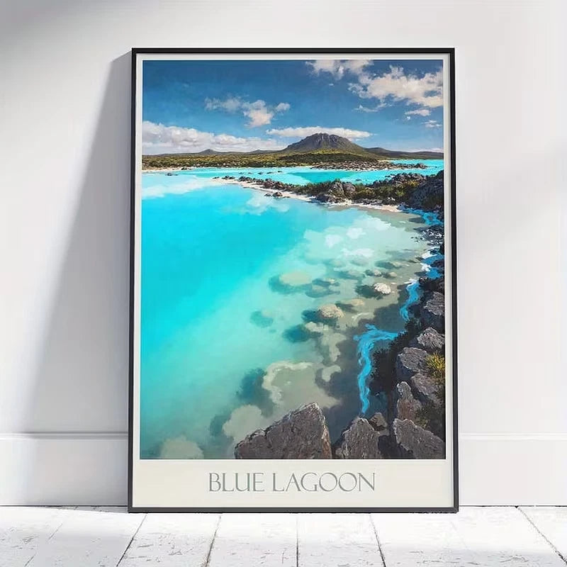 Blue Lagoon Iceland Turquoise Waters & Black Rocks Travel Poster Print Wall Art