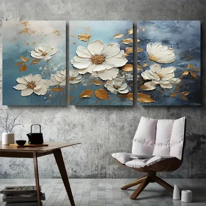 3pcs Elegant White and Golden Poppy Flower Metal Print Ready to Hang Art