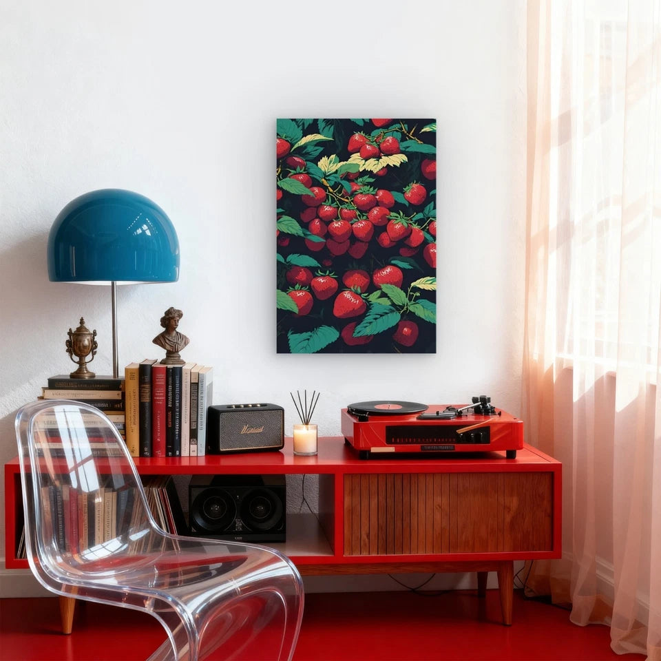 Strawberries on Green Leafed Branches Metal Print Ready to Hang
