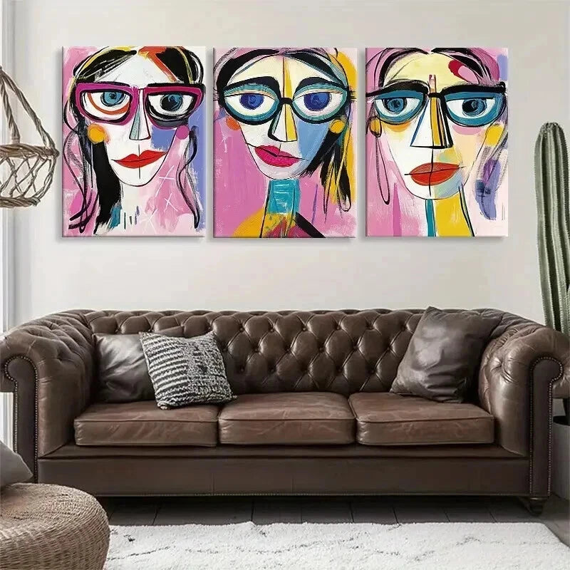 3pcs Colorful Faces Glasses Geometric Perfect Wall Art Set Canvas Framed 40x60cm - High Quality Print 100% Australian Made Wall Canvas Ready to Hang