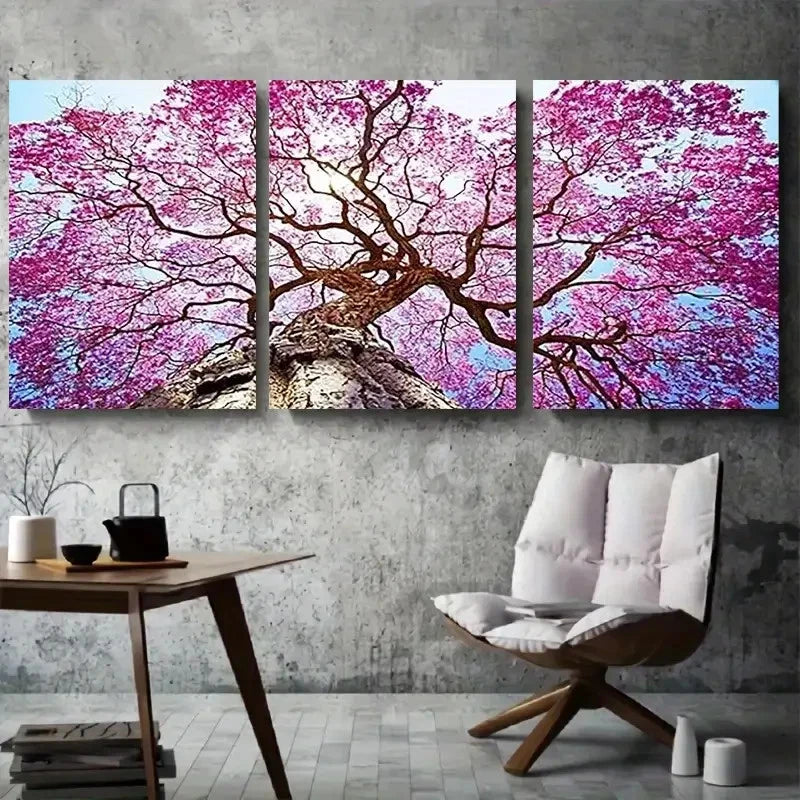 3pcs Pink Blossom Tree Bright Sky Metal Print Ready to Hang Art