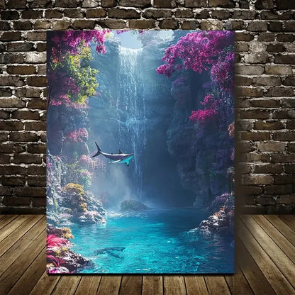 Vibrant Shark Swing By Trees Near Crystal Painting 40x60cm Metal Print Ready to Hang