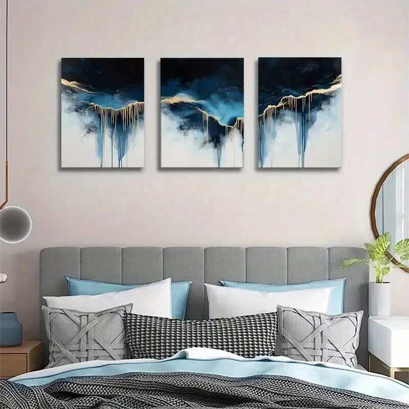 3pcs Abstract Blue & Golden Drip Painting Wall Art Set Canvas Framed 40x60cm - High Quality Print 100% Australian Made Wall Canvas Ready to Hang