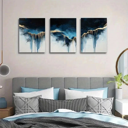 3pcs Abstract Blue & Golden Drip Painting Wall Art Set Canvas Framed 40x60cm - High Quality Print 100% Australian Made Wall Canvas Ready to Hang