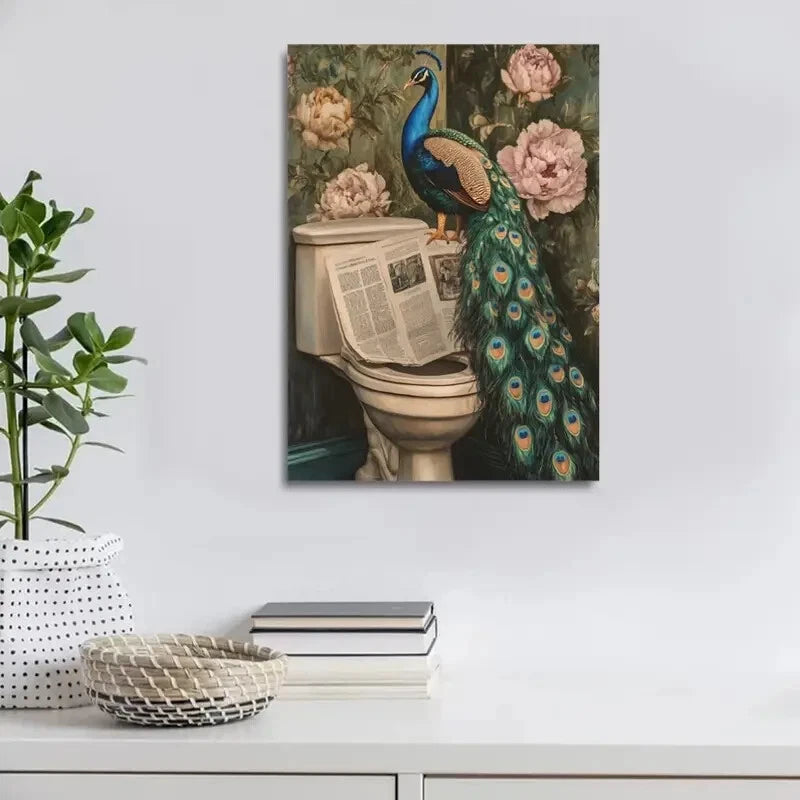 Contemporary Peacock & Peonies Painting 40x60cm Metal Print Ready to Hang