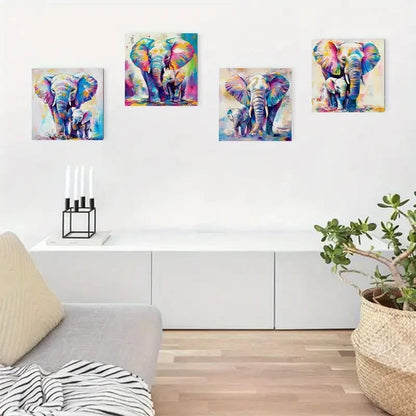 4pcs Colorful Elephant Family Design Wall Art Canvas Framed