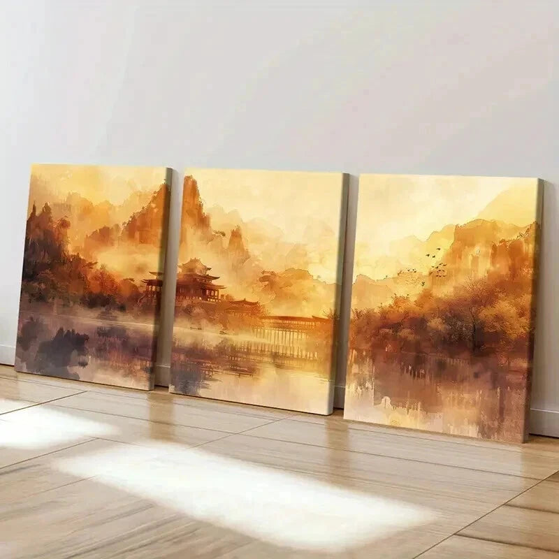 3pcs Chinese Traditional Yellowish Decor Wall Art Set Canvas Framed 40x60cm - High Quality Print 100% Australian Made Wall Canvas Ready to Hang