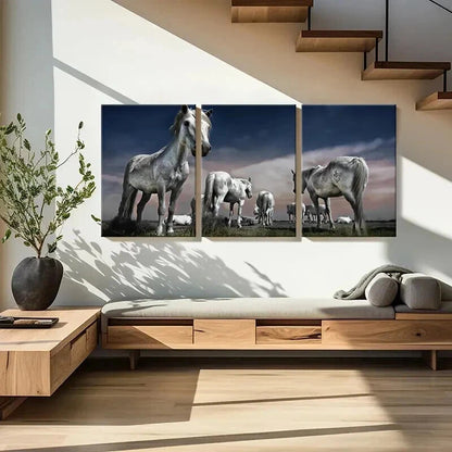 3pcs White Horse in Grassland Landscape Wall Art Set Canvas Framed 40x60cm - High Quality Print 100% Australian Made Wall Canvas Ready to Hang