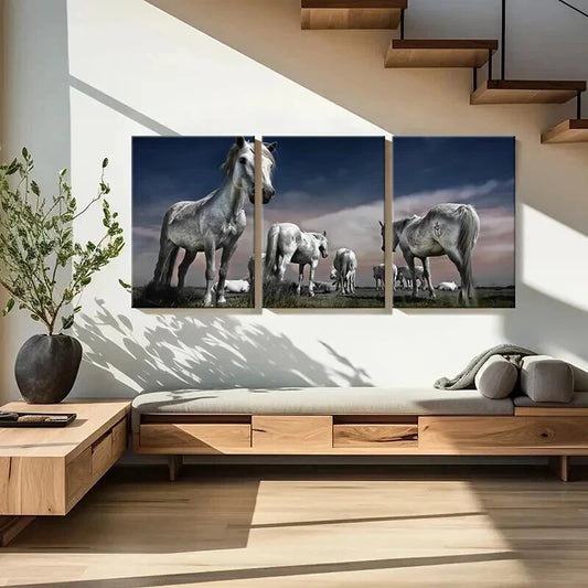 3pcs White Horse in Grassland Landscape Wall Art Set Canvas Framed 40x60cm - High Quality Print 100% Australian Made Wall Canvas Ready to Hang