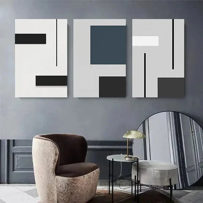 3pcs Abstract Black White & Teal Shapes with Grey Metal Print Ready to Hang Art