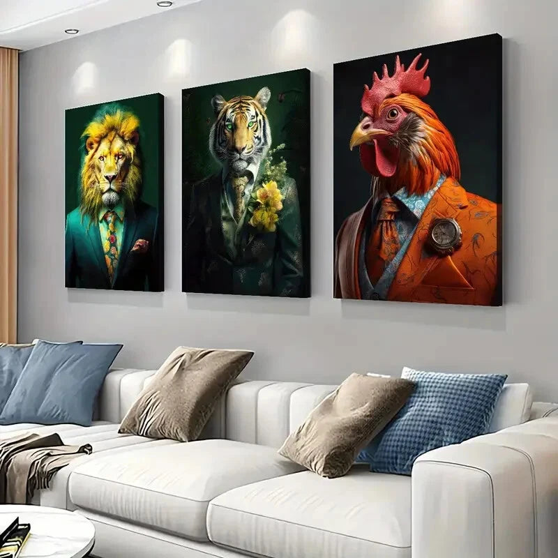 3pcs Rooster Tiger Lion Portrait Décor Perfect Wall Art Set Canvas Framed 40x60cm - High Quality Print 100% Australian Made Wall Canvas Ready to Hang