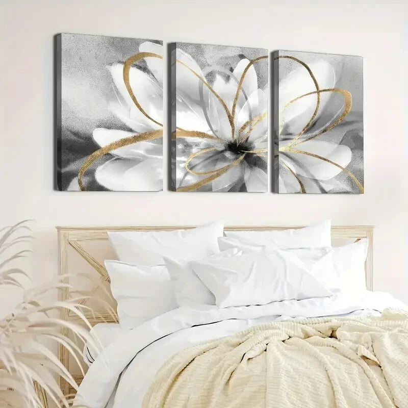 3pcs Golden Lines And White Flowers Wall Art Set Canvas Framed 40x60cm - High Quality Print 100% Australian Made Wall Canvas Ready to Hang