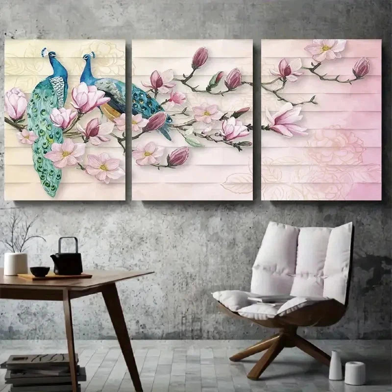 3pcs Elegant Peacock & Magnolia Floral Metal Print Ready to Hang Art