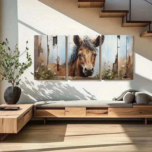 3pcs Rustic Fence Flowers & Horse Landscape Metal Print Ready to Hang Art