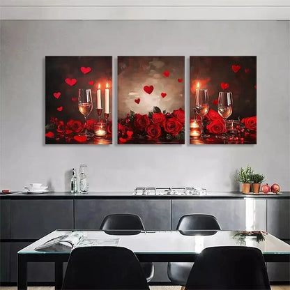 3pcs Romantic Red Roses Wine Glasses Perfect Wall Art Set Canvas Framed 40x60cm - High Quality Print 100% Australian Made Wall Canvas Ready to Hang
