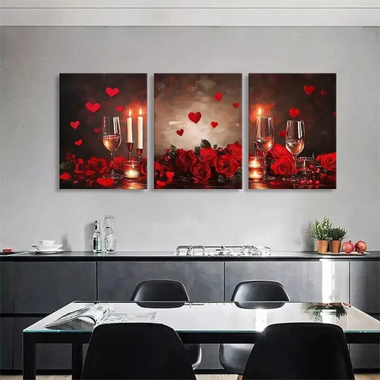 3pcs Romantic Red Roses Wine Glasses Perfect Wall Art Set Canvas Framed 40x60cm - High Quality Print 100% Australian Made Wall Canvas Ready to Hang