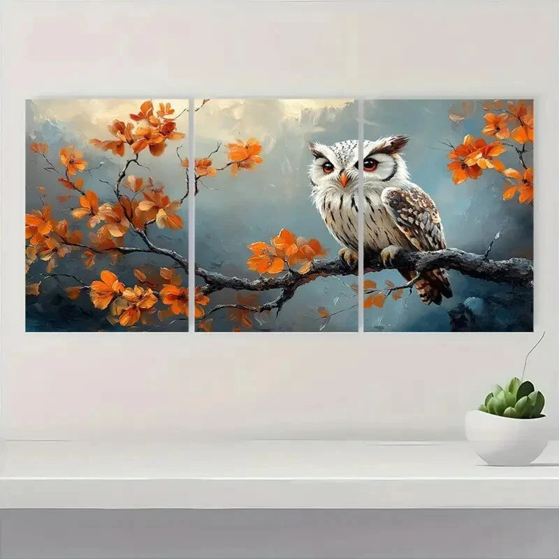 3pcs Vibrant Autumn Owl & Maple Leaf Metal Print Ready to Hang Art