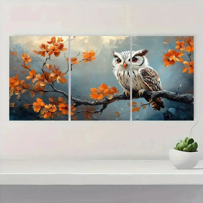 3pcs Vibrant Autumn Owl & Maple Leaf Metal Print Ready to Hang Art