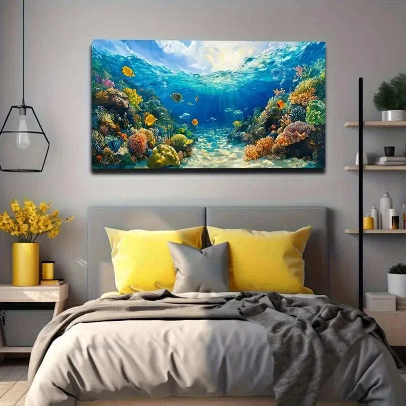 Vibrant Underwater World Art Canvas Office Home Room Framed 120x60cm