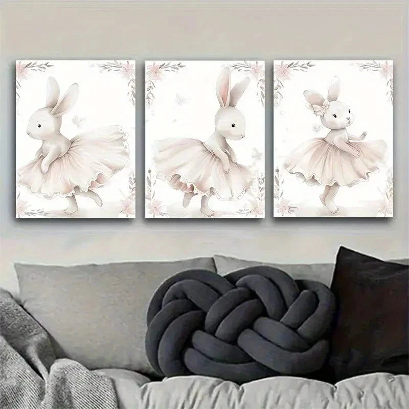 3pcs Adorable Ballet Rabbit Cute Rabbit Dancer Metal Print Ready to Hang Art