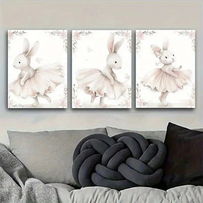 3pcs Adorable Ballet Rabbit Cute Rabbit Dancer Metal Print Ready to Hang Art