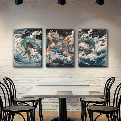 3pcs Mythical Ocean Serpent Stormy Waves Perfect Wall Art Set Canvas Framed 40x60cm - High Quality Print 100% Australian Made Wall Canvas Ready to Hang