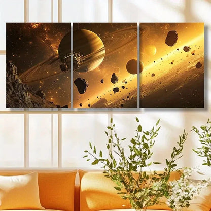 3pcs Golden Planets & Stars Dramatic Perfect Wall Art Set Canvas Framed 40x60cm - High Quality Print 100% Australian Made Wall Canvas Ready to Hang