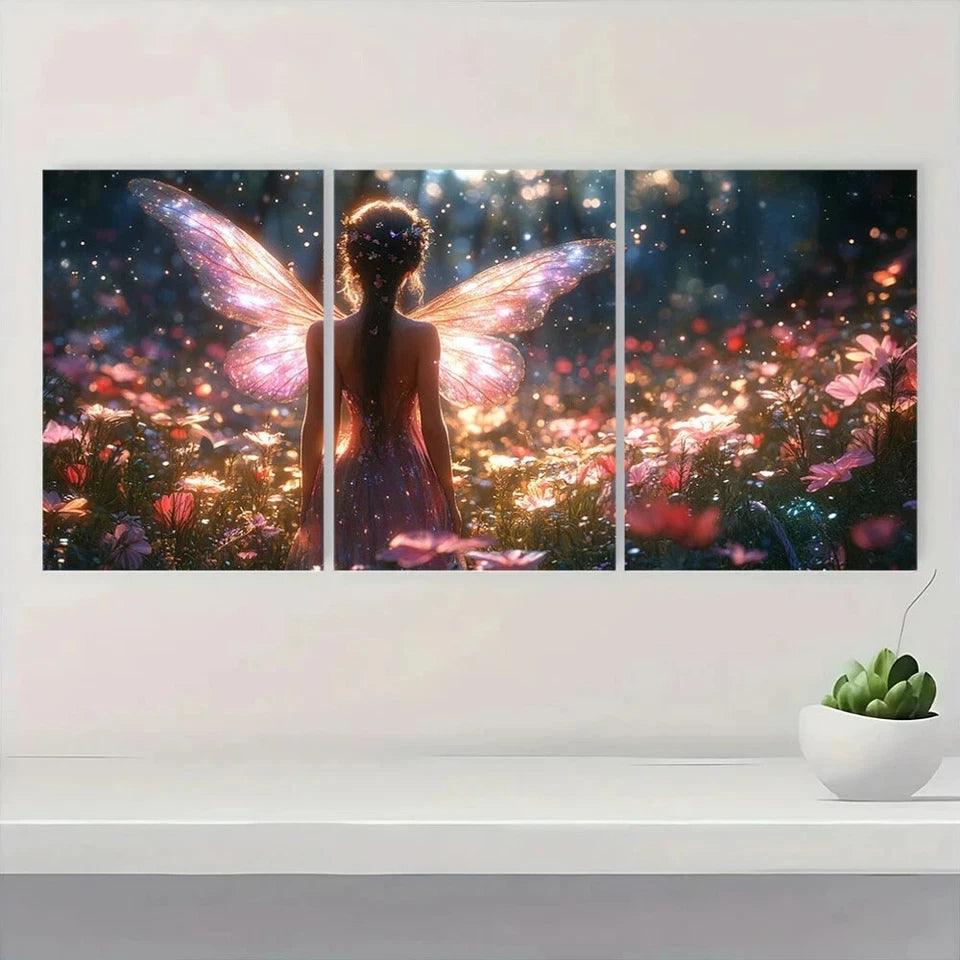 3pcs Glowing Wings & Forest & Colorful Lights Metal Print Ready to Hang Art