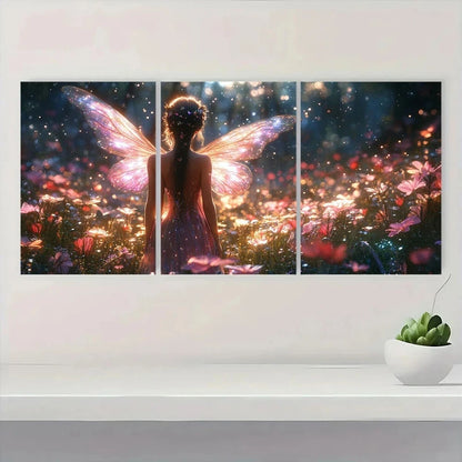 3pcs Glowing Wings & Forest & Colorful Lights Metal Print Ready to Hang Art