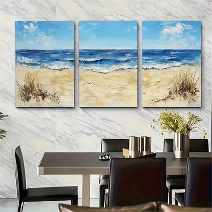 3pcs Minimalist Beach Oil Painting Metal Print Ready to Hang Art