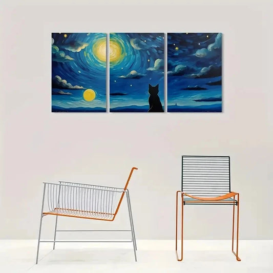 3pcs Starry Night Cat Celestial Sky Metal Print Ready to Hang Art