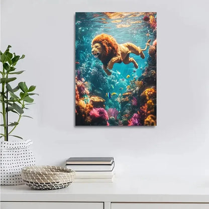 Cyberpunk Theme Scene of Lion Jumping Painting 40x60cm Metal Print Ready to Hang