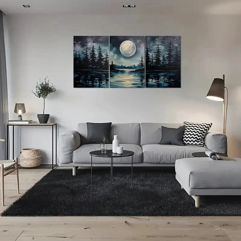 3pcs Night Moonlit Forest Painting Metal Print Ready to Hang Art