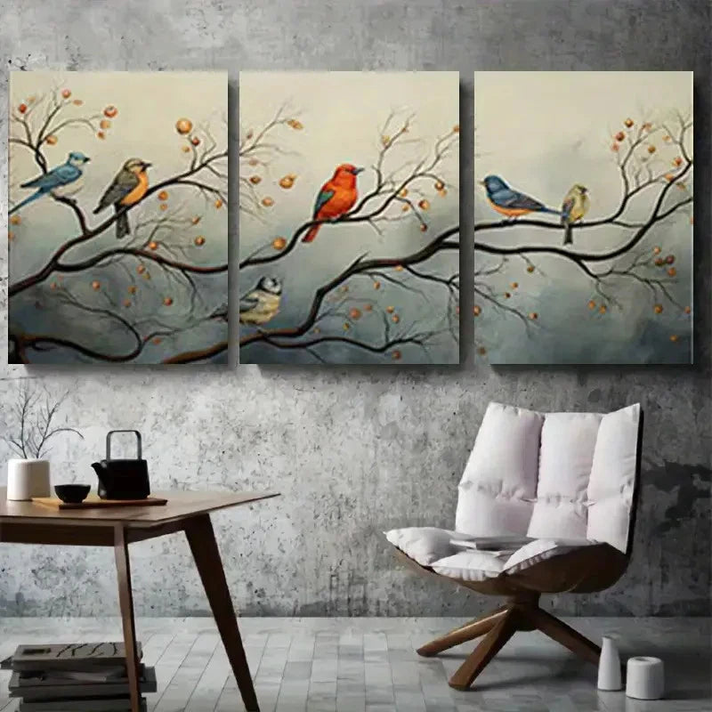 3pcs Softly Colored Spring Birds Wall Art Set Canvas Framed 40x60cm - High Quality Print 100% Australian Made Wall Canvas Ready to Hang