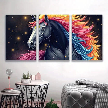 3pcs Colorful Dark Horse Prints Night BackWall Art Set Canvas Framed 50x70cm - High Quality Print 100% Australian Made Wall Canvas Ready to Hang